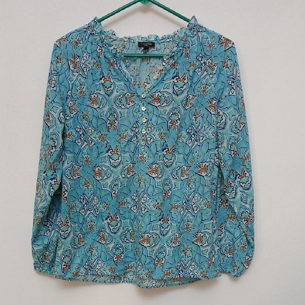 Talbots Petite Blue, Brown Patterned Quarter Button Long Sleeve Blouse Size S